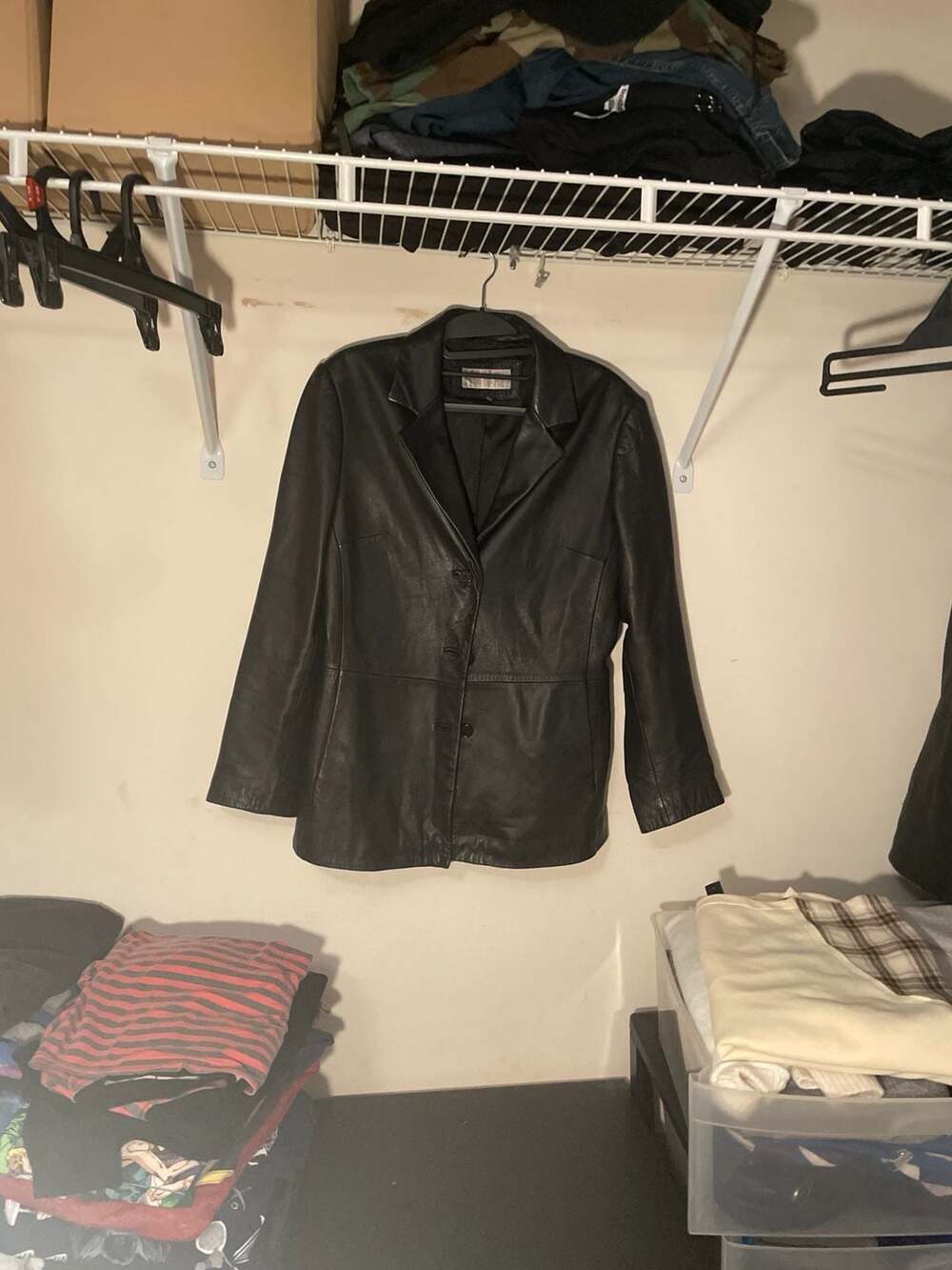 Jones New York Petite Black Genuine Leather Button-Up Blazer Jacket